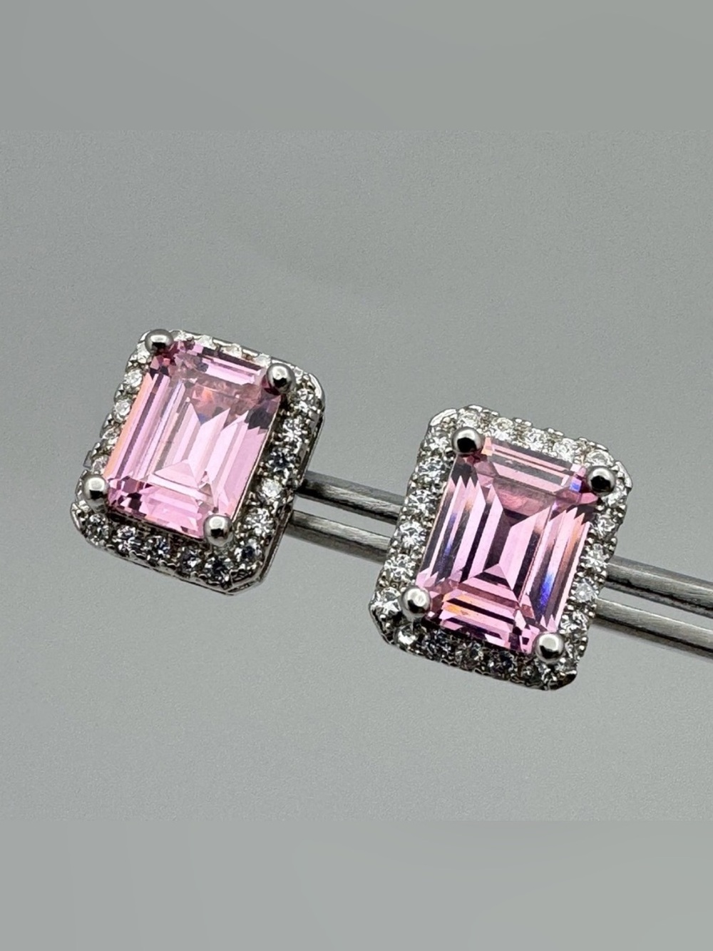 New Silver Plated Pink Emerald Cut CZ Halo Stud Earrings Sparkly Bridal